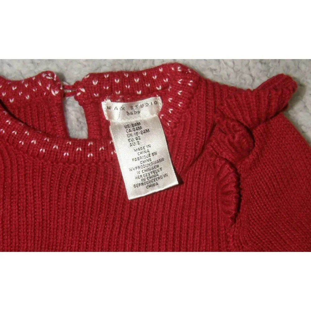 Girls Sz 24 Months Red Ribbed Long Sleeve Sweater Ruffled Cozy Dress MAX STUDIO